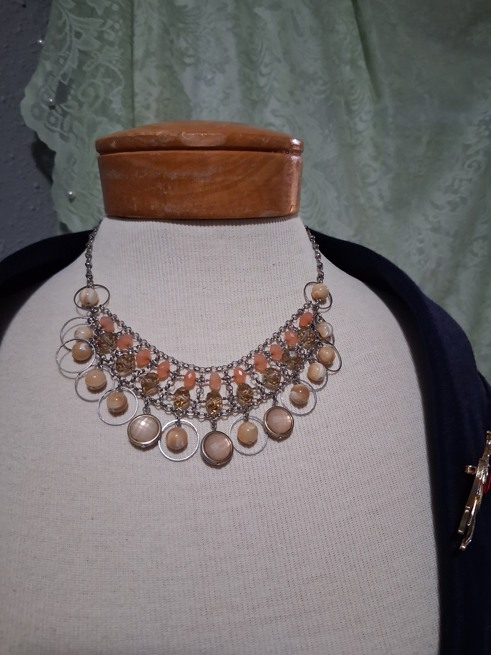 New York & Company Vintage Tri-Circle Beaded Multi-Color Pink Coral Silver Neckl
